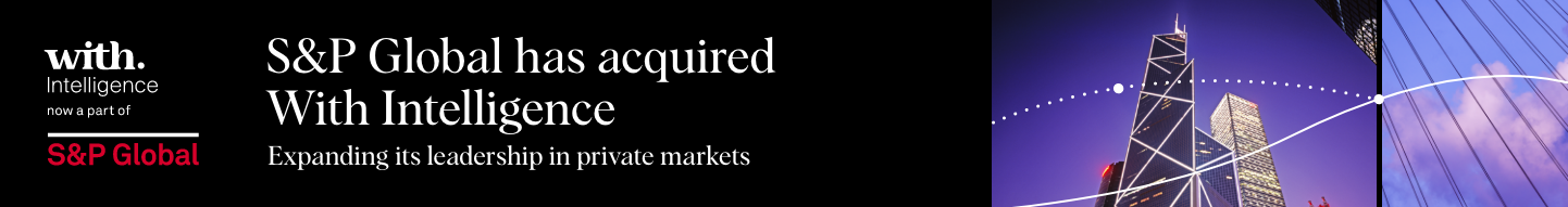 A black banner. On the left the With Intelligence & S&P Global logos. In the center are the words "S&P Global has acquired With intellignece", and on the right is an upwards image of a skyscraper.