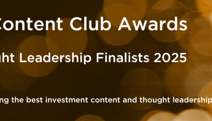 The image shows a graphic for the "2025 Investment Content Club Awards," featuring the award category "Best Digital Thought Leadership." The background is decorated with a warm, boken effect of golden lights.