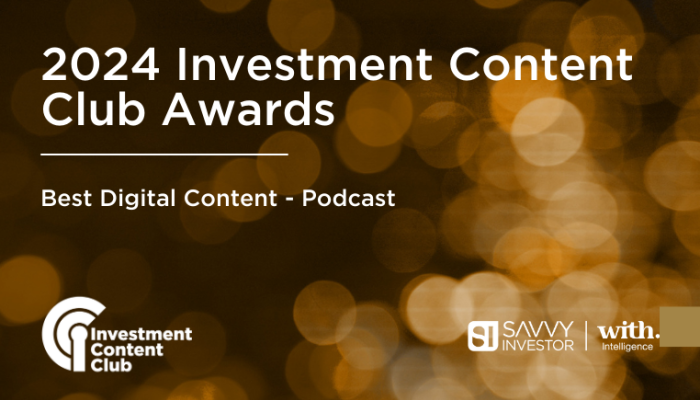 The image shows a graphic for the "2024 Investment Content Club Awards," featuring the award category "Best Digital Content - Podcast" The background is decorated with a warm, bokeh effect of golden lights.