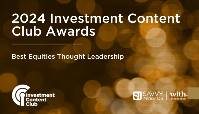The image shows a graphic for the "2024 Investment Content Club Awards," featuring the award category "Best Equities Thought Leadership." The background is decorated with a warm, bokeh effect of golden lights.
