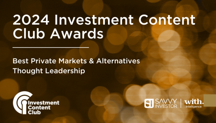 The image shows a graphic for the "2024 Investment Content Club Awards," featuring the award category "Best Private Markets and Alternatives Thought Leadership." The background is decorated with a warm, bokeh effect of golden lights.